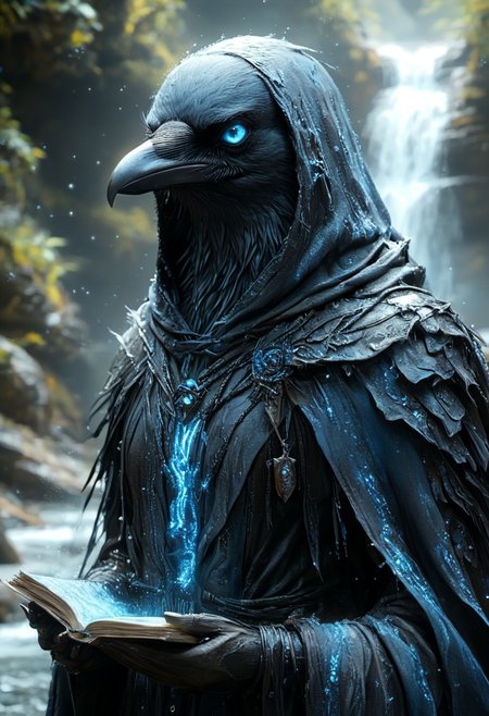 a cinematic photograph of a fantasy Crow, blue glowing eyes, wearing black robe and hood with blue magical details on, casting blue water magic with bot hands, waterfall in background, blue particles around him, photorealistic, photography lighting, extremely detailed, shot on Sony A7R V with Leica lens, hkmagic, corvidfolk