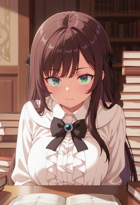 masterpiece,best quality,amazing quality, clover alina, dark brown hair, green eyes, long hair, 1girl, solo, shirt, book, white shirt, bow, looking at viewer, black bow, book stack, collared shirt, closed mouth, upper body, bowtie, black bowtie