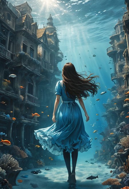 (water-colored), illustration, style of Jessica Galbreth,
(far view, far shot, rear view, facing away:1.3),
(Alice, very long dark brown hair,  hair rim lighting, hair in the wind, blue maid dress with short sleeves, black tights, black shoes:1.5), 
fog, dreamy, dream, coral, fish, sea weed
(walking, under water, giant city:2)