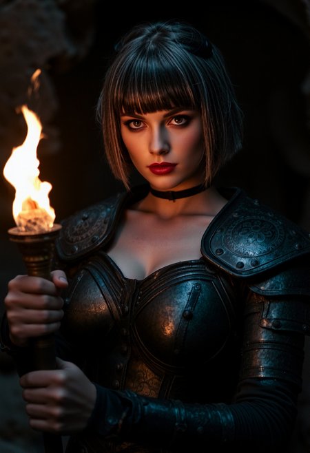 evil frozen witch girl, realistic, In a cyberpunk-inspired realm, Theme, stunning Danish woman, mature girl, dark eyeshadow, make-up,vshort hair, bangs, multicolored hair highlights, hair between eyes, wearing viking body armor, holding torch, on dark dungeon, Perfect Composition, realistic photographic image, RAW photo highest quality, perfect directional lighting, high contrast, viewed from in front of them, dynamic image, bright eyes, the torch illuminates the girl's face and body, bright torches, ready for battle