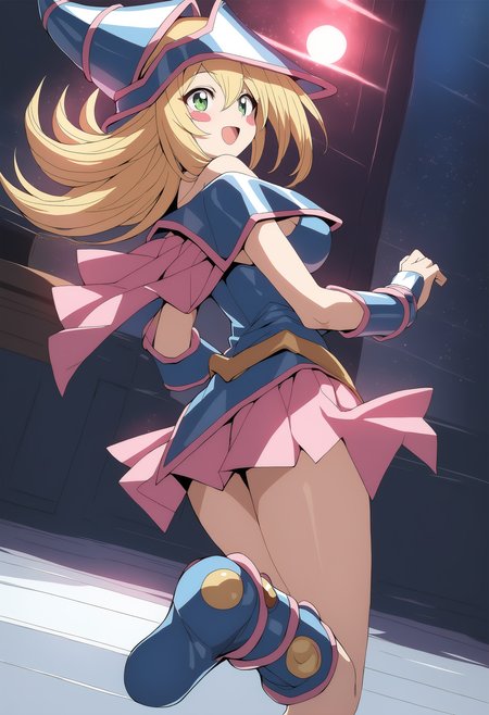 1girl,  <lora:blamagiXLv1:0.9>,blamagi,blonde hair, green eyes, long hair, medium breasts,blush stickers,wizard hat,
from side, full body, looking back, smile, red-light district, open mouth,
masterpiece, best quality,