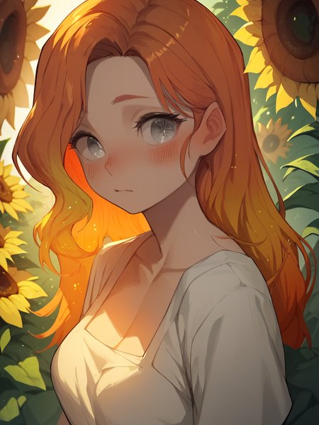 score_9, score_8_up, score_7_up, score_6_up, score_5_up,  <lora:lhata4564XLP:1> lhata4564, 1girl,  <lora:GLOW_EYES-XLP:0.8> glow_eyes, blush, curvy, long hair, gradient hair, sunflower, ginger, grey eyes,