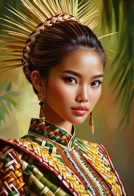 A hyper-realistic portrait of a single girl, focusing on her upper body, adorned in a ketupat-inspired outfit, with intricate woven patterns and earthy tones, set against a soft, natural light background, with a shallow depth of field, emphasizing the texture and details of the traditional Malaysian clothing, in the style of a high-fashion digital painting, with vivid colors and subtle shadows, capturing the essence of cultural heritage with modern elegance.