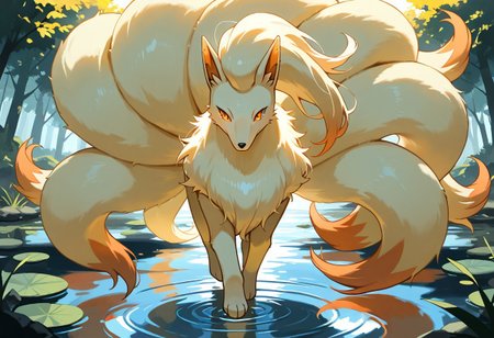 masterpiece, best quality, solo,  zzNinetales, female, amber eyes, walking beside a crystal-clear pond, joyful pose, glowing water ripples, serene and tranquil atmosphere, soft lighting, detailed water effects, fur, fluffy tails, fluffy body,