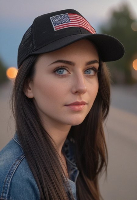 30yo woman holding an American flag.
Blue eyes. perfecteyes 
Wearing Denim jacket trucker hat. 
Long dark black slick back hair. No makeup. Dusk, Street light. Looking at camera POV. Slight smile, tilting head.. Tilt head.
Medium Close Up shot. Bokeh. Bokeh light. semi Blurred background.