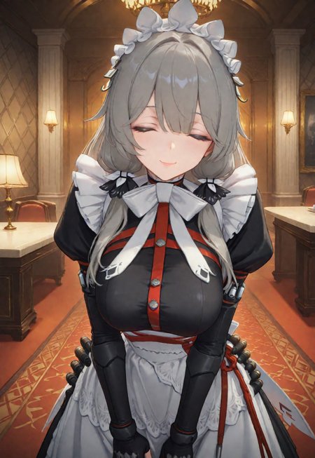 safe_pos, safe_pos, safe_pos, safe_pos, (score_9, score_8_up, score_7_up, score_6_up,) masterpiece, high quality, (best quality:1.1), sharp details, vivid color, girl focus, volumetric lighting, ultra detailed,  front view, 
young lady, 4k, hourglass body, perfect eyes, perfect lips, perfect breasts, perfect anatomy hands, perfect anatomy fingers, fingernails, smile,
,solo, 1girl,<lora:Rina_Alexandrina_Sebastiane_-_Zenless_Zone_Zero_ZZZ__Illustrious:1> Alexandrina Sebastiane, grey hair, long hair, eyes closed, hair ornaments, maid headdress, white bowtie, maid, white apron, black dress, puffy sleeves, juliet sleeves, long sleeves,
maid outfit, open dress side, long sleeves, gloves,  
floating, looking at viewer, bow, bend forward, 
(looking at viewer), standing,  hands on skirt, dynamic pose,
indoors, mansion, foyer, luxury room, white sofa, luxury table, marble wall, white flooring, detailed background,
