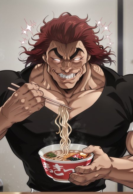 1boy, Yujiro-Hanma-IL.V1.0, Thick eyebrows, red hair, muscular, muscular male, blank eyes, black shirt, gesugao, evil smile, maruchan akai kitsune udon, noodles, table, holding bowl, holding chopsticks, clenched teeth, upper body, sparkle, (sparkling aura), eatingreactionmanga, straight-on, masterpiece, best quality, amazing quality, 