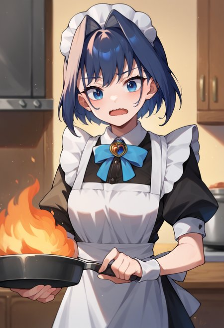 score_9, score_8_up, score_7_up, 1girl, solo, OuroKronii, short hair, hair intakes, maid, maid headdress, maid apron, kitchen, cooking, wavy mouth, open mouth, panicking, frying pan, on fire, <lora:CHAR-OuroKroniiPonyXL:1>