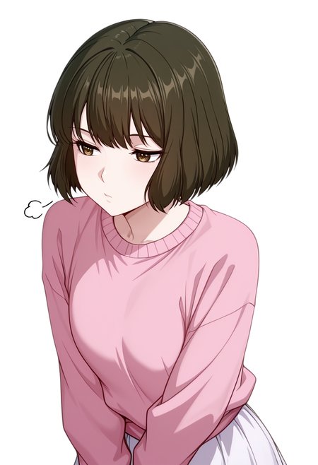 masterpiece,high quality details, absurdres,
 <lora:Akira_Dojima_V2:0.8> akira_cnr,1girl, brown hair, short hair, bob cut, bangs,brown eyes, akira_def, white skirt,pink sweater,, simple background, white background, front view,solo,, aroused,sigh,