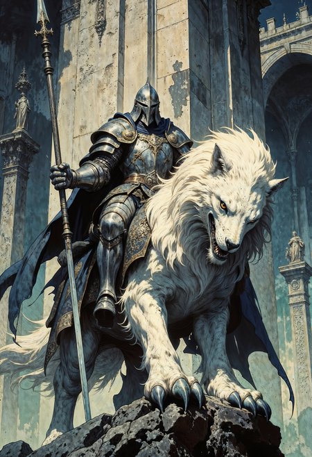 a knight in shining armor riding a large, majestic griffin. The knight is clad in silver armor with intricate detailing, holding a long spear. The griffin, a mythical creature with the body of a lion and the head and wings of an eagle, is depicted with detailed feathers and a powerful stance. The background features towering stone structures with classical architectural elements, such as columns and statues, suggesting an ancient or mythical setting. The lighting is dramatic, casting shadows that enhance the epic and adventurous atmosphere of the scene. The color palette is dominated by cool tones, with shades of gray, blue, and hints of green, contributing to the mystical and grandiose feel of the artwork.