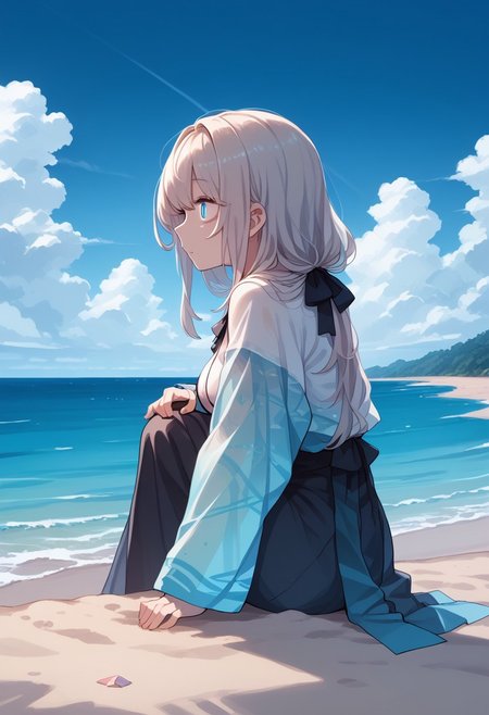 score_9, score_8_up, score_7_up, 1girl, solo, DeadflowP, (split eyes), scenery, (big breasts:0.8). (wide thighs:1.1), (wide hips:1.1), (mature woman:1.1), (high definition eyes:1.2), (best illumination, best shadow, masterpiece, high quality), colorful, lively, summer feel, many bright colors, beautiful woman with light summer clothes, loose hair, sitting on a beach with crystal clear water and white sand, bright blue sky, standing, side view,