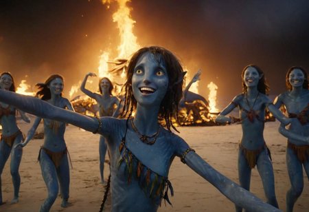Kiri is dancing in circle of her blue-skinned sisters on beach sand, closeup, hands above the head, smiling, laughing, big eyes wide open, (lit by the flames of bonfires), night, darkness, (torches and campfires on sand), (sea with (((high surf)))) on background, SK_CINEMATIC