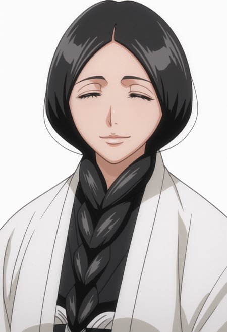 score_9, score_8_up, score_7_up, source_anime, BREAK, white background,  1girl, solo, <lora:DX888Retsu:1>, unohana retsu,   black hair, single braid, black hakama, white haori, closed eyes, smile,