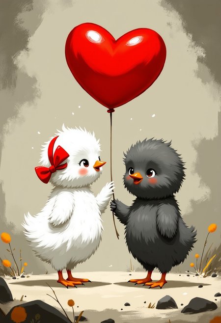 Unfazedfantasii, vantablack, OBxiaoxiang
photorealistic masterwork digital painting, hyper-realistic, 
A whimsical illustration of a heartwarming, painterly-style illustration of two adorable baby chicks standing together in a soft, textured environment in dark whimsical art style,. One chick is fluffy and white with a slightly open beak, while the other is dark gray with a small red bow on its head. The white chick is holding a thin string attached to a large, glossy red heart-shaped balloon floating above them. Their cheeks are slightly blushed, giving them a charming and innocent expression. The background has an abstract, hand-painted texture in muted tones, resembling an impressionistic oil painting. The lighting is soft and warm, casting subtle shadows and highlights on their delicate feathers.
 The art style is highly detailed, cinematic, and fantasy-inspired, with a focus on dramatic lighting, soft glows, and a slightly dark, mystical mood.