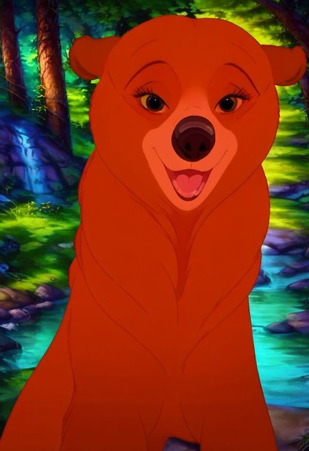 Bear, cartoon, female, Nita, Disney, 2d, detailed forest background, bipedal <lora:J_cartoon:0.7>, j_cartoon, <lora:MeekoXL:0.9>, Disney, score_9, score_8_up, score_8, solo, (feral), detailed fur, ((happy expression)), ((looking at viewer seductively:1.6)), breathtaking, environmental lighting, professional, highly detailed, ((detailed shaders)), beautiful, high quality, night-time, outdoors, dark forest, <lora:Furtastic_Detailer:1>