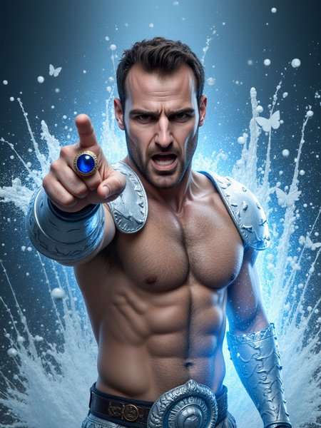 Pars has brown eyes.  He is an attractive man and is muscular. wearing single glowing magic ring with set sapphire, punching forward fist with ring, close up facing camera, shirtless, manly adult man mage casting water explosion spell, wearing skimpy intricate silver armor, facial stubble, hairy body, armored, angry, screaming loud, , fade, dramatic, dynamic, masterpiece, fantasy concept art, magic, abstract, surreal, extravagant, fantasy, water butterflies, splashes, detailed art, vivid, vibrant, waves, flowing water, water magic, bubbles, drops, splashes, color scheme blue and white, circle, best quality