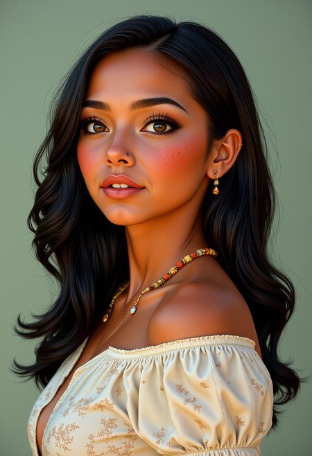 She is approximately 18 years old. Hyperrealism, she is looking at the camera, (dynamic angles), profile headshots of a beautiful, stunning unique female character.  she has dark hair. her eyes are filled with joy and excitement, extravagant eyelashes. a photo of Pocahont@s,image is rendered in a 3D style with a cartoonish appearance, she is wearing a white frilly shirt, and a necklace. The woman is posing confidently. simple sage green colored background. She has a slight smile on her face and is looking directly at the camera. making this image a masterpiece of photography and digital art. realistic. making this image a masterpiece of photography and digital art. Style: realistic hyper-detailed rendering, 32k UHD, expressive eyes, punk, graphic design, girl's face, pretty and cute, gleaming lips, telling a tale of adventure. Exuding confidence and serenity. The overall mood of the image is happy and relaxed,detailed skin texture,(blush:0.2),(goosebumps:0.3),subsurface scattering,whimsical,Detailed hand, Perfect hand. Perfection style.
