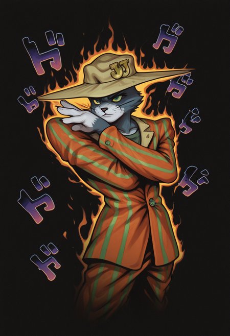 masterpiece, best quality, Graphic Design, color art, vibrant colors, colorful, intricate details, high contrast, detailed background, beautiful detailed, beautiful face, detailed eyes, detailed face, new, newest, z00tt0m, 1boy, solo, male focus, furry, cat, yellow sclera, green eyes, grey fur, whiskers, hat, formal, suit, striped jacket, striped pants, simple background, black background, cowboy shot, dutch angle, dynamic pose, (jojo pose, orange aura, menacing:1.3), perspective, dutch angle,