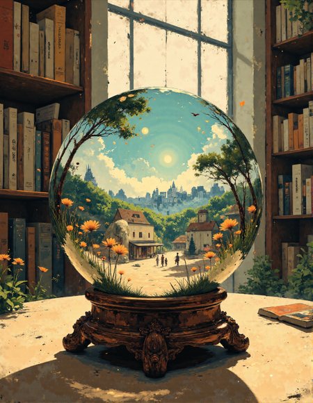 Crystal ball containing a miniature village: A large, clear crystal ball rests on an ornate wooden base, positioned among rows of books on a bookshelf. Inside the sphere, a miniature village with traditional Japanese-style houses, lush trees, and winding paths is visible. The scene is bathed in warm sunlight coming from a window. Focus on the intricate details of the miniature village and the distortion of the image through the sphere. Anime/Miyazaki-esque style, <lora:aidmaMJ6.1_v0.5_3:0.7>, <lora:ìë¬µí:1>