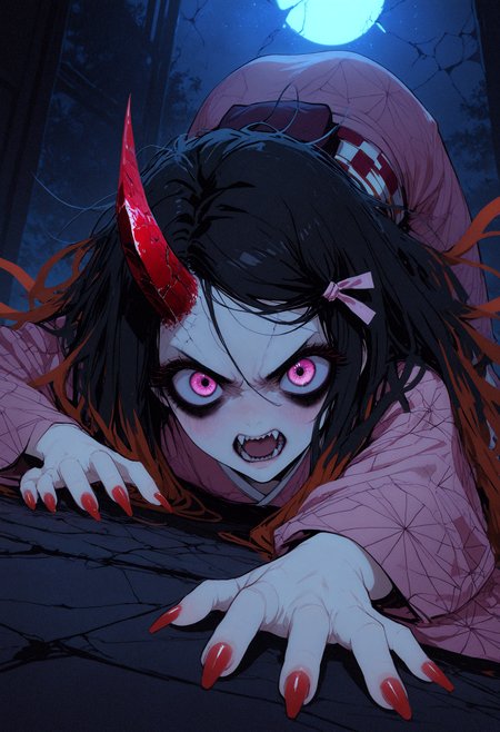 masterpiece, best quality, good quality, very awa, newest, highres, absurdres, kamado nezuko,
1girl, solo, long hair, black hair, pink eyes,
looking at viewer, blush, reaching towards viewer, open mouth,
long sleeves, japanese clothes, kimono, nail polish, Pink hair ribbon, fingernails, v-shaped eyebrows, fangs, demon horns, sharp teeth, all fours, messy hair, red nails, angry, reaching, sharp fingernails, top-down bottom-up, pink kimono, Single red horn, Low Angle,
dim lighting, crack of light, moonlight, night, Cinematic Lighting, xxx667_illu, mythp0rt,
tfaix, messy lineart, bags under eyes, (black eyeshadow:0.8), big eyes <lora:illustriousXL_stabilizer_v1.23:0.3> <lora:NOOB_vp1_detailer_by_volnovik_v1:0.3> <lora:ponyv6_noobE11_2_adamW-000017:0.3> <lora:XXX667:0.55> <lora:ILLMythP0rtr4itStyle:0.8> <lora:tenebriflora-wai:0.75>