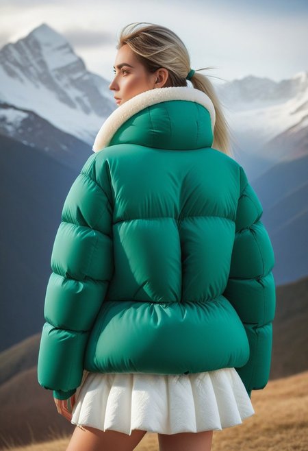 ((((sherpa puffer padded jacket)))), ((((sharpa puffer padded coat)))), ((((puffer skirt)))), ((((cowboy shot)))), ((((from back)))), standing, winter, snow, mountains, 1girl, solo, (masterpiece), (detailed face, detailed eyes), (beautiful detailed eyes:1.5), sidelighting, (super detail, hyper detail, intricate_details, detailed), looking at viewer, (semi realistic:1.6), very detailed face, (Blonde hair), (white hair), absurdly long hair, hair between eyes, (straight hair), (green eyes), put your hair behind your ears, eyelashs, eyeliner, (eye shadow:0.5), wet hair, sweat, white skin, Angry face, (blush), padded cuffs, padded collar, Thick padded cuffs, Thick padded collar, <lora:Collar-SDXL:0.6>, <lora:Cuffs-SDXL:0.6>, <lora:Puffer_Jacket_and_Down_Jacket_-_Extra_Puffy_Jackets:0.6>,  <lora:puffer_skirt_v1:0.6>