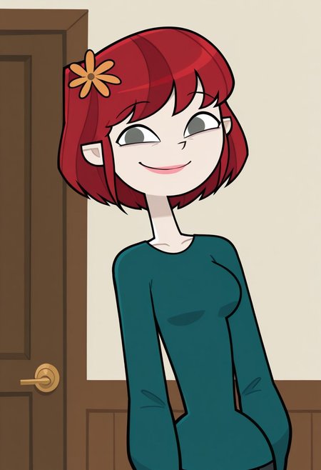 masterpiece,best quality,amazing quality, 1girl, solo, Lake_DC_IL, pale skin, black gray eyes, pink lips, orange flower on hair, dark red hair, short hair, dark teal sweater, looking at viewer, indoors, room background, (portrait) happy, smile, standing, no pupils (closed mouth)
