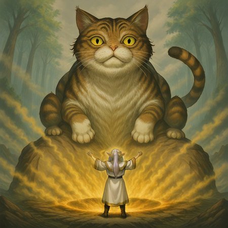 masterpiece, best quality, newest, absurdres, highres, SGV1.0, 1girl, frieren, elf, pointy ears, pigtails, white robe, outstretched arms, size difference from behind, BREAK cat, oversized animal, animal, giant, giant cat