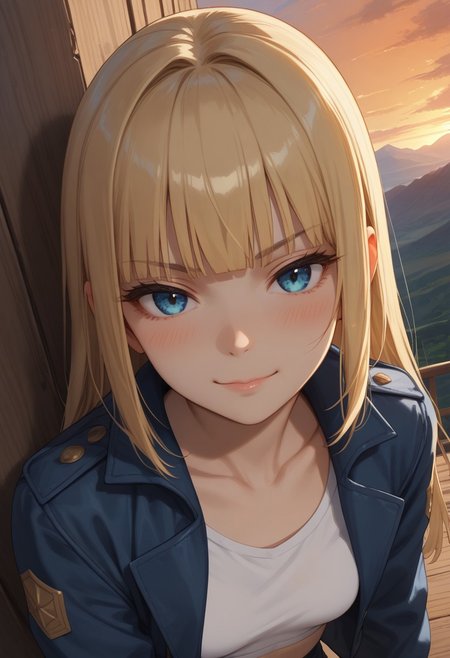 (score_9, score_8_up, score_7_up), 1girl, solo,( blonde hair), blue eyes, long hair, hime cut, long bangs, small breasts, collarbone,  open jacket, white crop top, leather jacket, blue jacket, sunset, leaning on wall, wooden wall, 
( face focus, from above, close-up:1.4),  metal railguard, mountains, 
fisheye, (relaxed, dutch angle:1.2), 
smug, blush