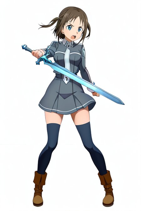 masterpiece, High quality, Ultra detailed, 2d, newest, absurdres, highres, BREAK
1girl, solo, <lora:ronye_arabel:0.8>, ronye_arabel_(sword_art_online), short hair, brown hair, two side up, blue eyes, 
medium breasts, ronyeDef, long sleeves, school uniform, grey jacket, necktie, grey skirt, pleated skirt, zettai ryouiki, black thighhighs, brown footwear, boots, 
full body, legs apart, fighting stance, holding weapon, sword, angry, open mouth,