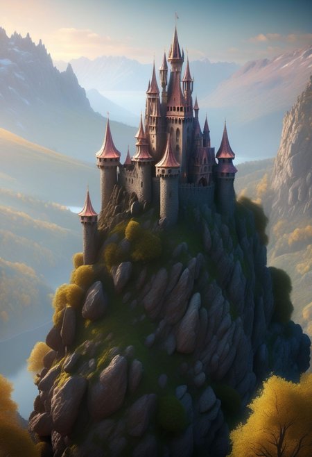 8K,  fairy tale castle on a (rock spire), mountain on background