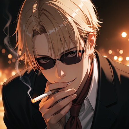masterpiece, best quality, amazing quality, absurdres, newest, detailed background, definition so sharp, Ultra-HD, 8K cinematic, very awa, impressionate, amazing quality, highres, 
solo, male focus, manly, shadow, shiny skin, bokeh, warm light, light particle, looking at viewer, 
1boy, short hair, sunglasses, izumokusanagi, izumo_blonde, izumo_brown eyes, black blazer, red scarf, white collared shirt, smoking, smoke, smile, gentle, looking at viewer