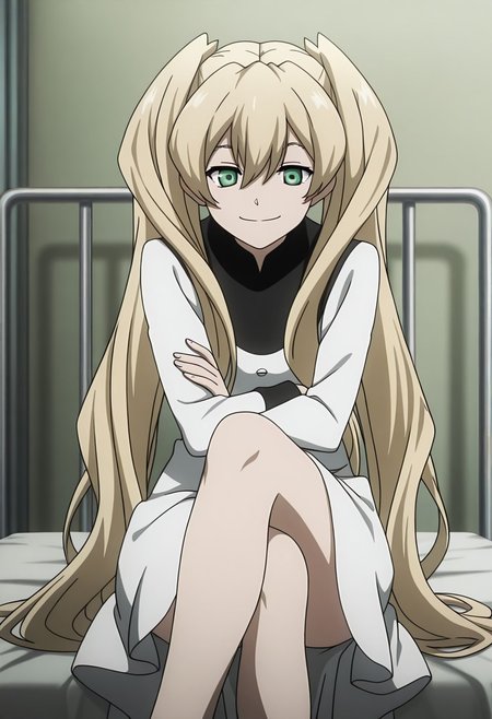 masterpiece,perfect quality,best quality,absolutely eye-catching,absurdres,highres,newest,anime coloring, anime screencap,(1girl,solo),White_KKS, very long hair, blonde hair, green eyes, twintails, white dress, sitting, on hospital bed, legs crossed, arms crossed, closed mouth smile, indoors, hospital room, ((from below))