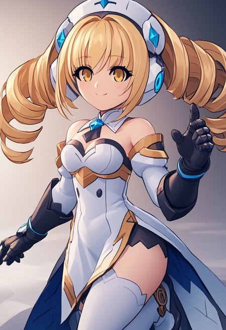 score_4,score_5,score_6,score_7_up,score_8_up,score_9
((masterpiece,best quality,ultra detailed,highres,HD,4k:1.2)),
1 cute girl,solo,girl forcus,solo forcus,
 Azure Striker Gunvolt(Main),shining highlights, 1girl, solo, girl focus,solo focus,face focus, 
mami tomoe, blonde hair, drill hair, twin drills, yellow eyes,
white dress,cleavage,thighhighs,white thighhighs,Black Gauntlets,boots,
smile,light smile,blush,