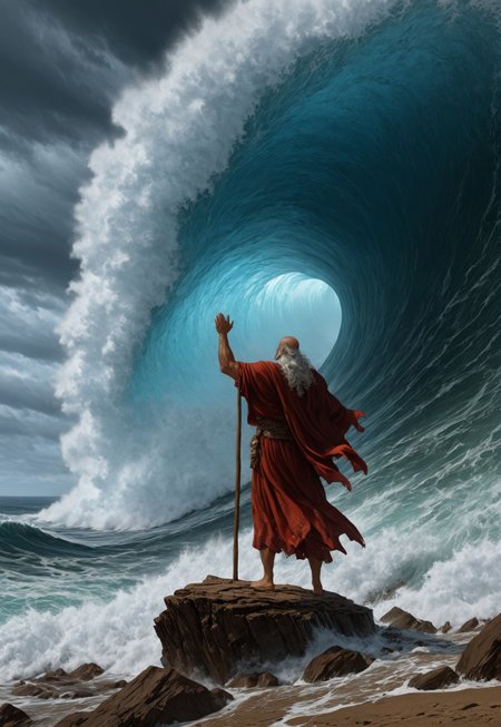 Comic book style 8k high quality digital painting, Boris Vallejo style, retro artstyle, score_9, score_8_up, score_9_up, very detailed, ultra realistic, (best quality) full body, very detailed masterpiece, RetroSci style, Moses parts the sea, an old man wearing a tunica and a toga is standing on a rock looking up to the sky, long stick in his right hand, raising his hands to the sky, in the background we see the ocean parting in two, water dispersed,  the water is parting leaving a dry corridor, huge waves of water on the left and on the right, tsunami-like huge waves, ocean, sea, epic scene, fantasy, surrealism, dreamscape, tenebrism, chiaroscuro, baroque, dramatic illumination, and dynamic lighting.