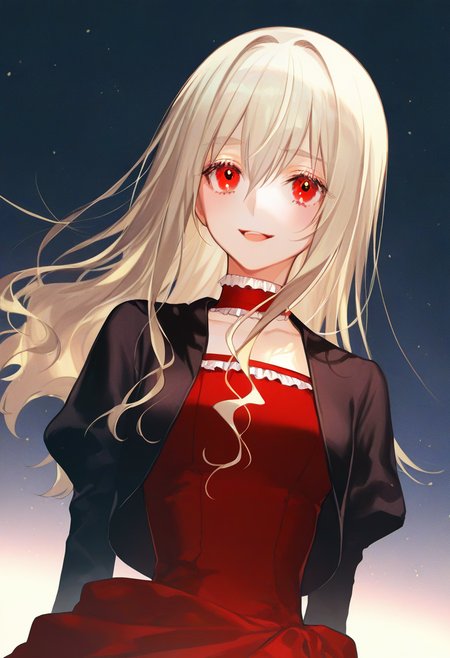 artist:gomzi,artist:wanke,artist:diyokama, rei_(sanbonzakura),[[artist:fuzichoco]],year 2023, 1girl, solo,noel cerquetti, red eyes, blonde hair, long hair, black jacket, cropped jacket, red dress, frilled dress, frilled collar,  upper body, smile, hands at back  <lora:ntmf_majorcharacters.ilxl:1>
