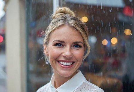 "A hyper-detailed, high-resolution (8K) close-up portrait of a 40-year-old woman with sleek blonde hair tied back in a soft bun, wearing a light, airy white blouse. Her striking blue eyes gleam with happiness, framed by delicate laugh lines that enhance her natural charm. The background is intentionally blurred, suggesting a chic urban café on a rainy day—soft reflections of neon signs and raindrops streak the window behind her. Shot with a Hasselblad H6D-100c medium-format camera, using a tight crop and a shallow depth of field (f/2.8) to highlight the intricate textures of her skin and the subtle moisture in the air. The lighting is cool yet balanced with warm interior tones, evoking a cinematic mood."