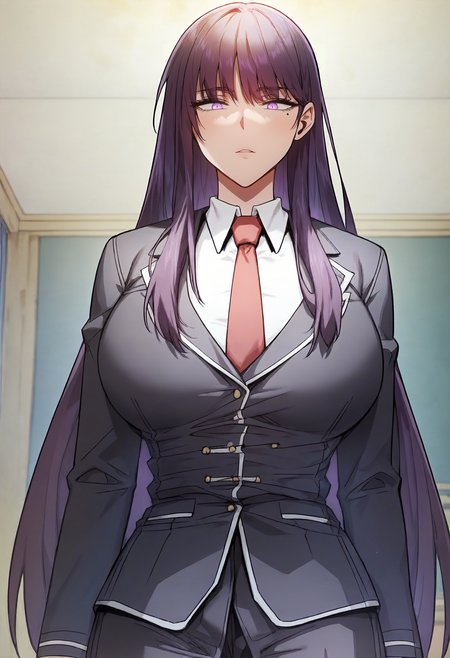 score_9, score_8_up, score_7_up, score_6_up, source_anime, rating_explicit, 1girl, (solo:1.1), huge breasts, <lora:Erzsebet Akalusia prefectPonyxl:0.9> long hair, (mole under eye:0.8), purple hair, black hair, purple eyes, school uniform, black jacket, red necktie, long sleeves, white shirt, collared shirt, black pants, indoors, looking at viewer, standing, upper body
