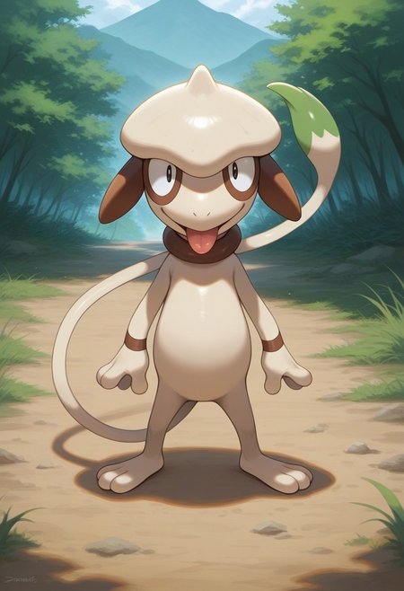 best quality, masterpiece, amazing quality, very aesthetic, absurdres, 
1boy, solo, no humans, 
standing, 
smeargle, pokemon \(creature\), 
looking at viewer, smile, tongue, 
outdoors