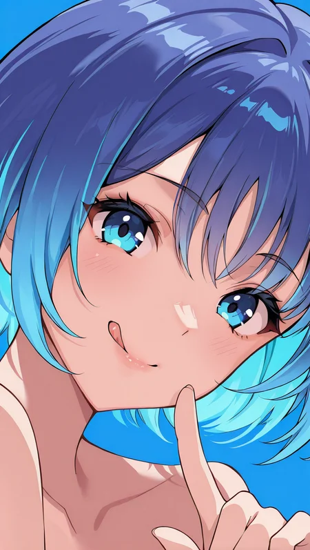 1girl, :q, portrait,bangs, blue background, blue hair, close-up, eyebrows visible through hair, face, index finger raised, looking at viewer, multicolored hair, short hair, simple background, smile, solo, tongue, tongue out<lora:Rippveil-000025:1>