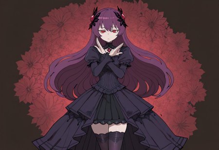 lazypos, anime girl, gothic dress, red eyes, long hair, purple curls, black lace, jeweled theme, elegant pose, thigh-highs, floral background, fantasy style, crystal details, saicastlestyle, Ratatatat74