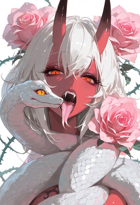 masterpiece, best quality, good quality, newest, highres, absurdres, uncensored,
BREAK 
detail background, very awa, absolutely eye-catching, (beautiful face), 
BREAK
amazing quality, best quality, ultra-detailed, 8K, illustration, CG, ultra-detailed-eyes, cute girl, eyelashes
BREAK
(sexy, slutty, hot, aroused) 
Aka-Oni, oni, colored skin, red skin, straight horns,
BREAK
open mouth, flower, rose, animal, fangs, leaf, plant, pink flower, realistic, snake, scales, animal focus, thorns, forked tongue, white snake, limited palette, scary eyes, looking at viewer,