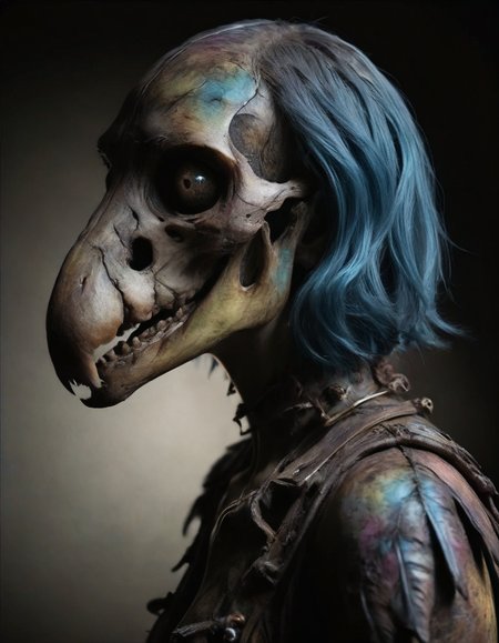 side-profile of a pear-shaped figure (Vanessa Kirby:1.1) , highborn, she is feeling very melancholy, Warlike dark rainbow Harness, Three-Eyed, Scandinavian background, Smoky Conditions, spotlight, 50mm, intricate, sgraffito, ultra detailed,<lora:zkeleton:1> zkeleton, highly color focused, dynamic dramatic composition, elegant, radiant, delicate