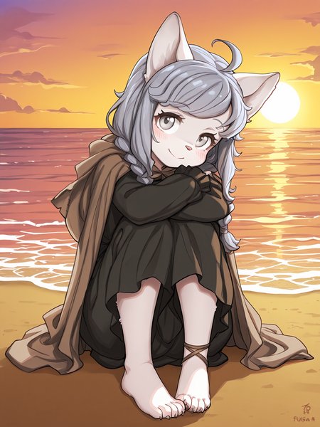 BREAK, <lora:Sheena_Falafel:1>, Sheena Falafel, Fuga: Melodies of Steel, kemono, furry female, young female, 1girl, cat girl, white fur, grey eyes, pastel blue hair, long hair, ahoge, bangs, sidelocks, animal ears, cat ears, animal nose, pink nose, Fuga 1 appearance, twin braids,
BREAK, Fuga 1 Outfit, barefoot, braided anklet, claws, black dress, brown cloak, pawpads, claws
BREAK, solo, beach, water, sunny, hugging legs, looking at viewer, cute smile, blush, head resting on knees, head tilt,