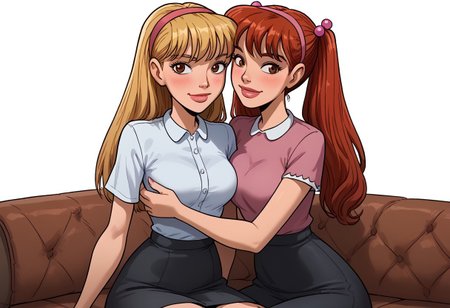 score_9, score_8_up, score_7_up, detailed, detailed body, detailed face,
Expressiveh, flat color, fca style, toon \(style\), 2d, BREAK,
2girls, (multiple girls), 
white background, seat on sofa, nat and juliah posing together, looking at viewer, 
(nat blushing), (juliah smile), 2girls hugging,
BREAK,
juliah(red hair, thick lips, long hair, hair bobbles, twintails, brown eyes),
nat(thick lips, hairband, blonde hair, long hair, 1girl, solo, breasts),
(juliah in pink blouse, black skirt) and ((nat in white blouse, black skirt)), (same height),