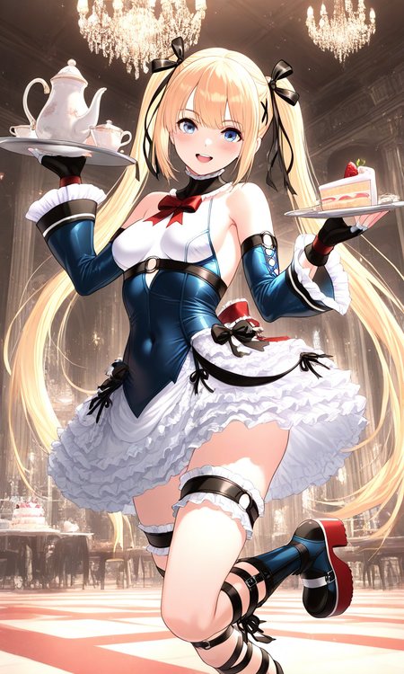 general,highres, ultra-detailed,very aesthetic,best quality ,best hands, BREAK  <lora:Marie_Rose_DOA_IS:1>
Marie_Rose(DOA), 1girl, solo, blonde hair, marie rose, twintails, very long hair, hair ribbon, black ribbon, blue eyes, x hair ornament, bangs, medium breasts, 
choker, harness, frilled dress, gothic black dress, two-tone dress, detached sleeves, frilled sleeves, 
black gloves, fingerless gloves, thigh strap, black boots, platform boots, excited, smile, holding tray, slice of cake, looking at viewer, mansion, chandelier, teapot,