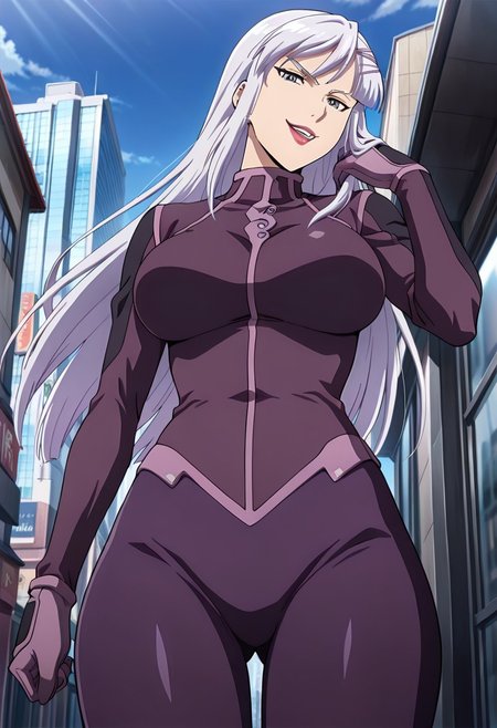 ((masterpiece, absurdres)), best quality, amazing quality, newest, 4k, anime coloring, very aesthetic, ray tracing, Smooth Quality, CG, source_anime, nora polyansky,1 mature female, grey eyes, white long hair, hairclip,purple pilotsuit ,city view, street view,city view, street view, evil smirking