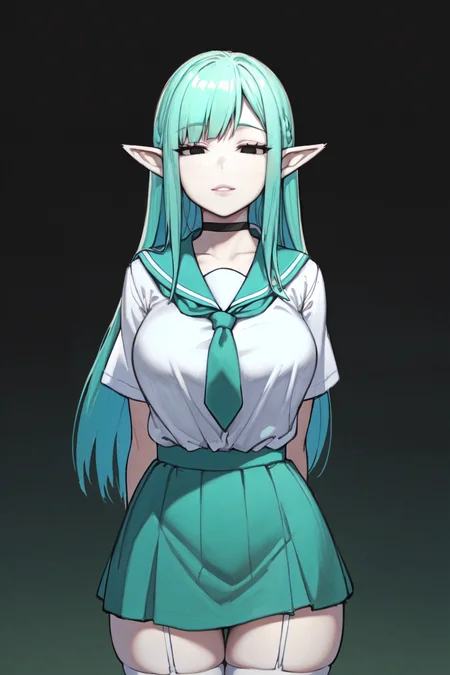 best quality, masterpiece, detailed background, highly detailed, intricate, detailed face, long eyelashes, detailed eyes, (standing:1.1), (thick thighs:1.0), (large breasts:1.1), (pitch black background:1.3),

(one girl:1.2), (1girl:1.1), (solo:1.4), (black eyes:1.3), (aqua hair:1.3), (long hair, straight hair:1.2), (blunt bants:1.3), (thick lips:1.3), (pointy ears:1.2), (black choker:1.1), (pale skin:1.0),

(school uniform, serafuku:1.1), (aqua skirt:1.3), (aqua tie, white shirt:1.3), (white thighhighs:1.2), (white garter belt:1.1), (aqua nails:1.2), (thigh gap:1.4),

(light smile:1.1), (half-closed eyes:1.3), (empty eyes:1.3), <lora:ChelodoyStyle-V1R1-Fixed-8:1>