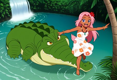 Tick tock crocodile,male animal focus,tail, crocodile open large mouth ,green skin, blue eyes, Tick Tock the crocodile is giant and very huge size,teeth, swimming in water,partially submerged,Tick Tock the crocodile looking at a young girl who she is standing on a tree branch hanging high up. Little_Girl_anime_manga,long hair,pink hair, dark-skinned female,the girl her very smal size, purple eyes, ancient tropical_clothe, chest_band,red very long_dress, jewelry, dark skin, smile, necklace,hair flower, bracelet, anklet, barefoot,open mouth,river,palm trees, jungle,view from above, Disney, waterfall,anime, manga