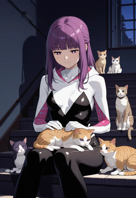 masterpiece, best quality, 1girl, solo, purple hair, long hair, blunt bangs, hooded bodysuit, spider web print, bodysuit, hood, gwenstacy, stairs, indoors, stairwell, dark, night, shadow, cat, petting, looking down, kitten, too many, too many cats, purple eyes, bright pupils, sitting, on lap, animal on lap, cat on lap, closed mouth, smile