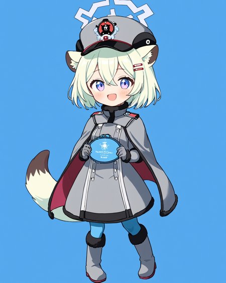 shigure \(blue archive\),1girl, solo, tail, halo, spoken_heart, grey_gloves, grey_capelet, hairclip, looking_at_viewer, grey_headwear, fur-trimmed_boots, simple_background, ushanka, grey_coat, epaulettes, smile, blush, open_mouth, blue_background, cape, full_body, skirt, speech_bubble, knee_pads
<lora:shigure_(blue_archive)_image979_2023-11-28-000015:1>halo. gorgeous,key visual, vibrant, studio anime,award-winning, professional, highly detailed,high budget, cinemascope